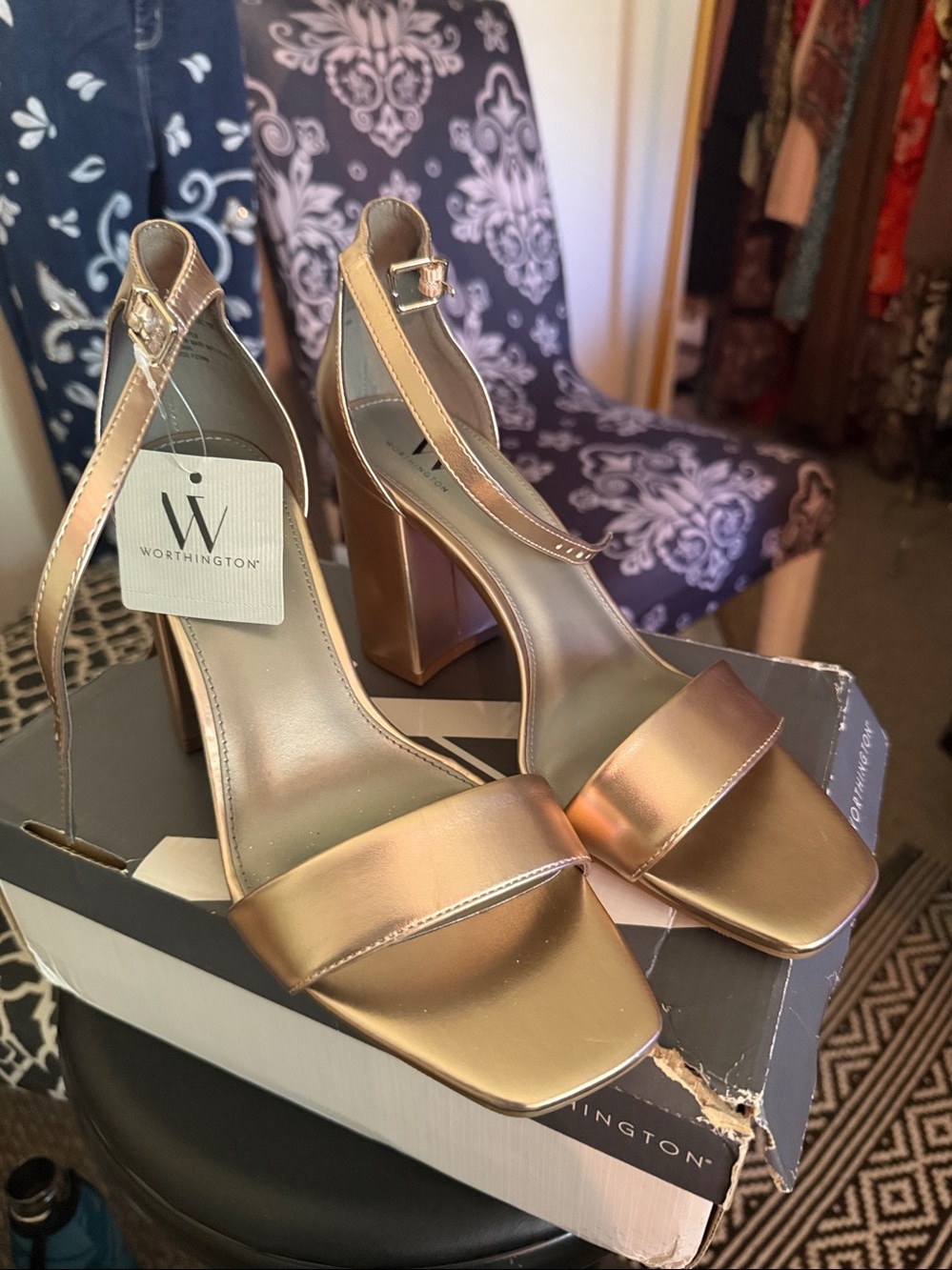 Worthington Metallic Rose Gold Block Heel Ankle-Strap Sandals - Picture 2 of 6
